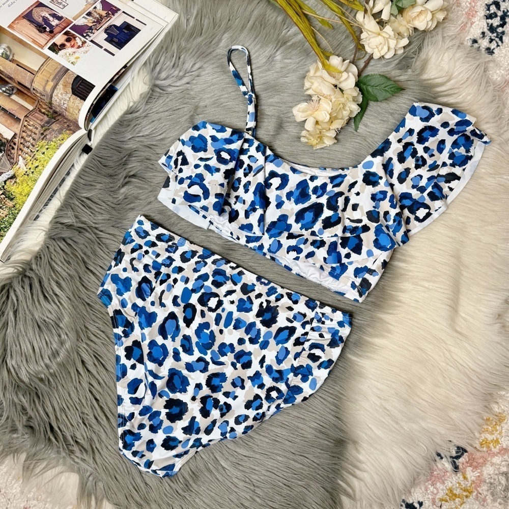 Tahari Blue Leopard Ruffle Women’s Bikini Set Coastal Resort Swim Sz Medium - Picture 6 of 13